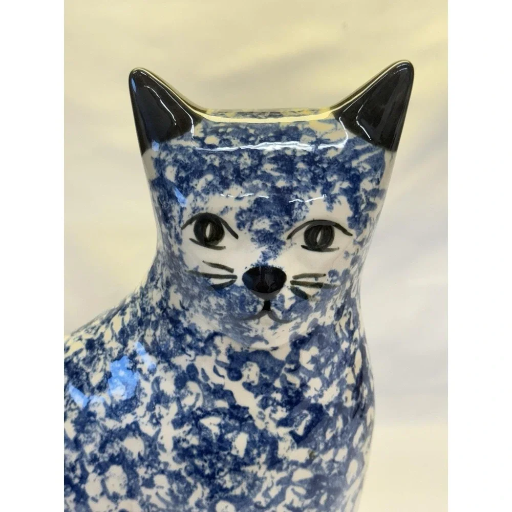 VTG Blue White Ceramic Sitting Cat Figurine Statue 8.5